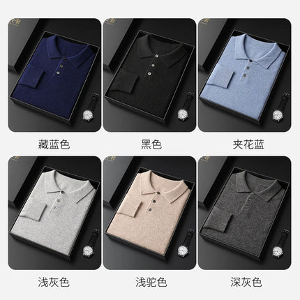 Men's POLO Collar Knitted Pullover Sweater 100% Cashmere Long Sleeved Shirt Casual Business Solid Color Men's Tops Autumn Winter