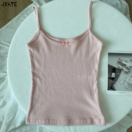 Sweet Floral Print Eyelet Bow Cropped Vests Women Cotton Casual Slim Lace Trim Tank Tops Vintage Preppy Style Cute Camisole Y2K