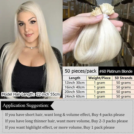 White Blonde 1001# Flat Tip Hair Extensions Keratin Human Hair Extension Fusion Hair 1x0.8cm Bond 12-24inch Non-Remy 1g/strand