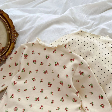 New Baby Long Sleeve T Shirt Girls Cotton Casual Tees Infant Ruffled Versatile Shirts Kids Floral Striped Bottoming Tops