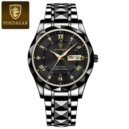 POEDAGAR Luxury Business Men's Watches Waterproof Stainless Steel Luminous Men's Wristwatch Date Week Quartz Sport Men's Watch Reloj