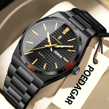 POEDAGAR Luxury Fashion Men's Wristwatch Waterproof Luminous Date Week Man Clock Stainless Steel Quartz Business Watches For Men