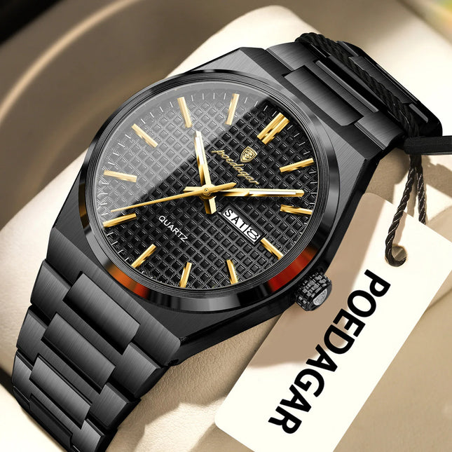 POEDAGAR Luxury Fashion Men's Wristwatch Waterproof Luminous Date Week Man Clock Stainless Steel Quartz Business Watches For Men