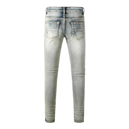Fashionable new light blue men's jeans with pleats, washed with water, nostalgic perforation patch, men's jeans, high street des