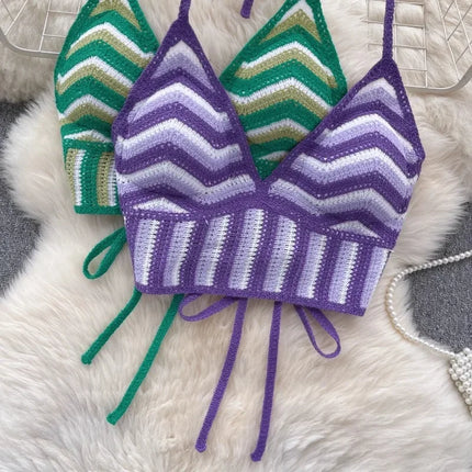 Beach Vacation Style Cami Top Women Design Sense Color Blocking Hook Flower Slim Fit Camisole Short Sexy Exposed Navel Crop Tops