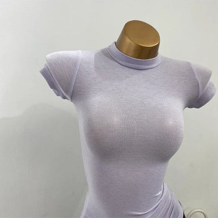 Korean Transparent Short-Sleeved Slim-Fit Elastic Solid Color Bottoming T-shirt with Half-High Collar - Sexy Big Chest T-shirt