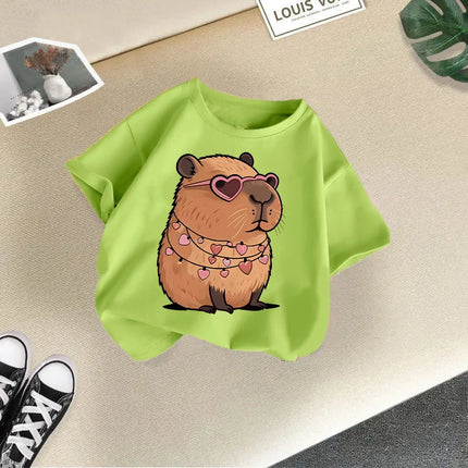 2025 Summer New Cute Animal Kapibala Fashion Printed Children's T-shirt Short Sleeve Fashion Pure Cotton Children's Clothing