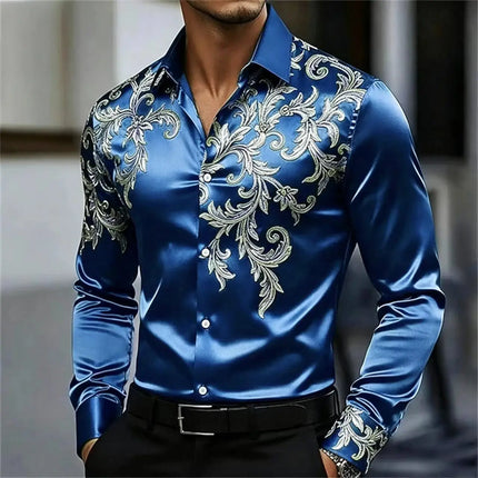 Men's Satin Paisley Printed Shirt Luxury Glossy Long Sleeve Casual Button Down Dress Shirts Nightclub Party Wear