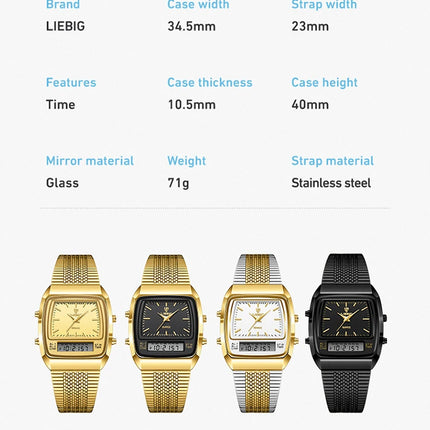 LIEBIG Luxury Dual Display Time Quartz Watches For Men Women Fashion Outdoor Sports Week Waterproof Digital Wristwatches Relojes