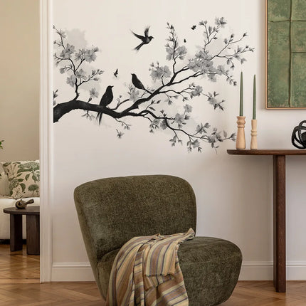 Black White Flowers Wall Stickers Branch Bird for Blossom Wall Sticker Home Decoration Girls Living Room Bedroom Wall Decal