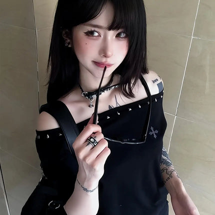 Seeslim Black Off Shoulder Cross Women's T-shirt Short Sleeve 2000s Clothes Y2k Summer Tops Tees Female Clothing Chic Vintage