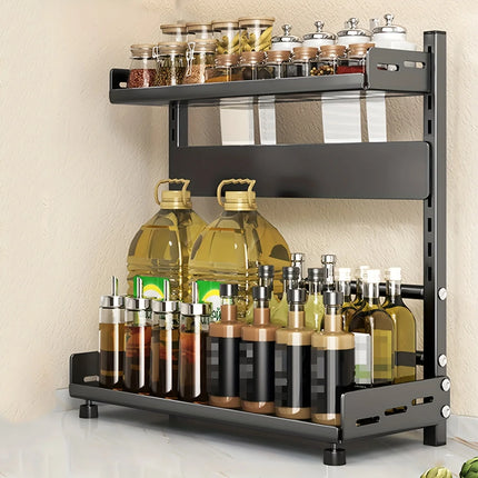 Versatile 2-Tier Carbon Steel Spice & Utensil Rack - Must-Have Countertop Storage for Kitchen Desk Organization