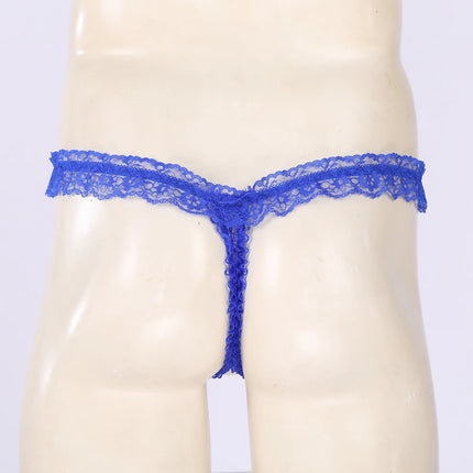 Mens Sexy Frilly Lace Open Penis Pouch Thongs Bow Elastic Waistband G-string Crotchless T-back Lingerie Sissy Underwear