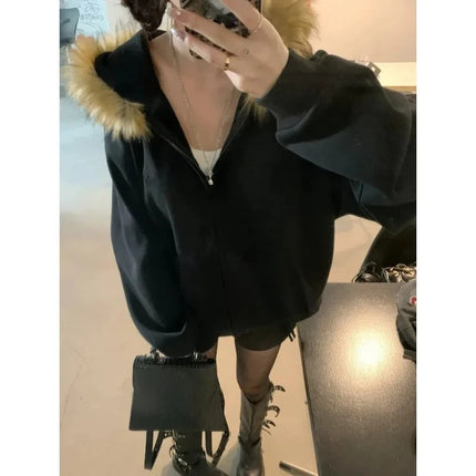 Korean Fashion Sweatshirts Harajuku Gothic Printed Coats Jackets Subculture Vintage Faux Fur Hooded Women Casual Y2k Clothing