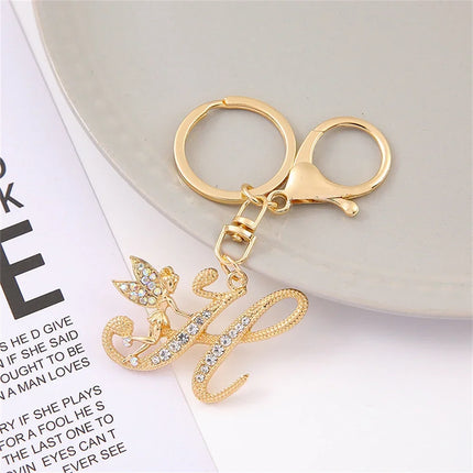 A-Z Rhinestone Elf Girl Letter Keychain Gold Color Initial Name Keyrings Girls Car Key Holder Handbag Purse Charms Decoration