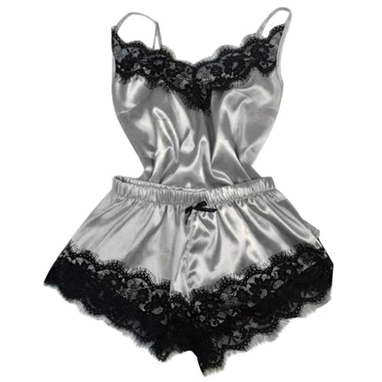 Sexy Hot Erotic Home Wear Women Pajamas Women Sleepwear Sleeveless Strap Fashion Nightwear Lace Trim Satin Cami Top Pajama Sets