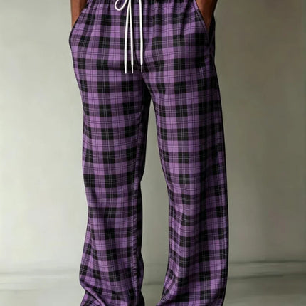 Men's classic plaid/diamond print casual pants, loose and breathable drawstring style, suitable for outdoor sports