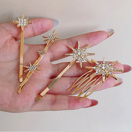 4PC Wedding Barrettes Set Bride Star Hair Clip Pins Metal Hair Comb Bridal Barrettes Rhinestones Hair Clip Hair Accessories
