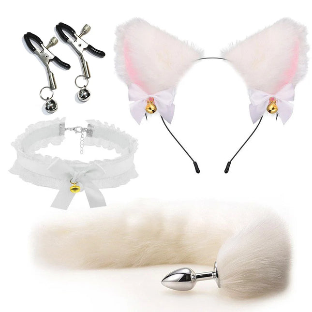Cute Fox Tail Anal Plug Bow-Knot Soft Cat Ears Headbands Collar Erotic Cosplay Couples Accessories SM Sex Toys for Female Male
