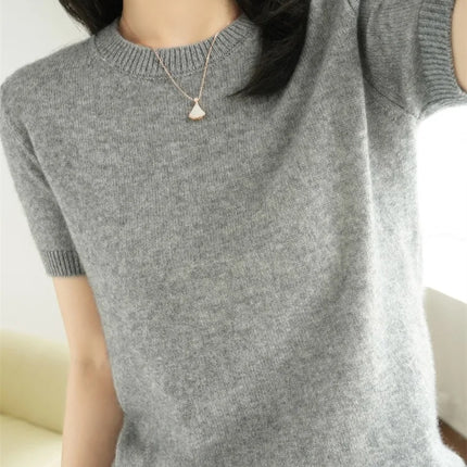 Summer New Women's Knitted Short Sleeve T-shirt Thin Wool Cashmere Short Sleeve Loose Fit Round Neck Top Outerwear Straight Cut