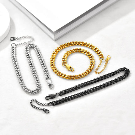 U7 6mm Wide 8.5inches Cuban Link Anklets for Women Adjustable Ankle Bracelets Men Gold Color Black Stainless Steel Jewelry