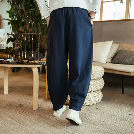 Fashion Summer Casual Pants For Mens Cotton Linen Loose Trousers Trendy Large Size Bloomers Male Home Tai Chi Wide Leg Pants 5XL