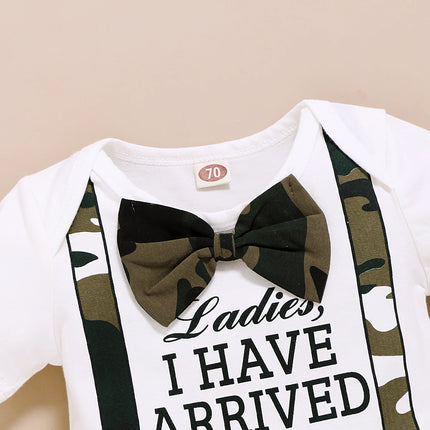 0-18Months Newborn Baby Boys Clothing Set Letter Print Short Sleeve Bodysuit with Bow + Camouflage Print Long Pants + Hat