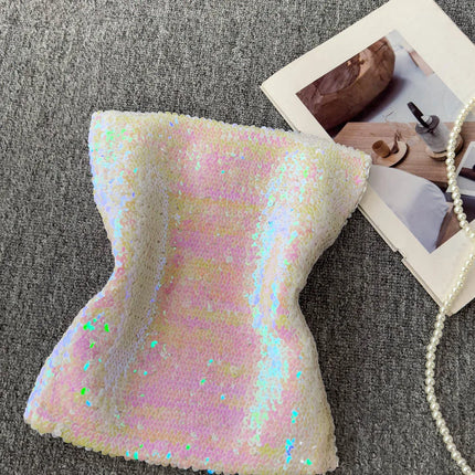 Elastic Slim Fit Stage Performance Outfit Heavy Sequin Wrap Chest Vest Tube Top in Pink Versatile Sexy Commute Sle ort Sl...