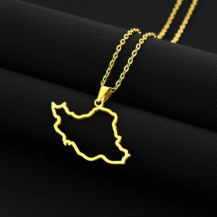 1Pcs New Stainless Steel Iran Map Hollow Heart Pendant Necklace Men's and Women's Versatile Sweater Chain Accessories Pendant
