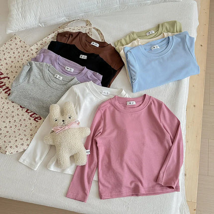 9 Colors Children's T-shirt Cotton Long Sleeve Solid Color Base Coat Leisure Wear Boys Girls Tops Kids Clothes