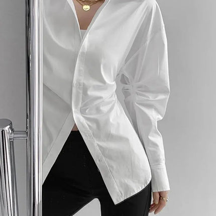 JOEVILU White Shirt Women’s Waist-defining Blouse Slim Fit Long Sleeve Tops Figure-hugging Office Shirts Korean Style Clothes
