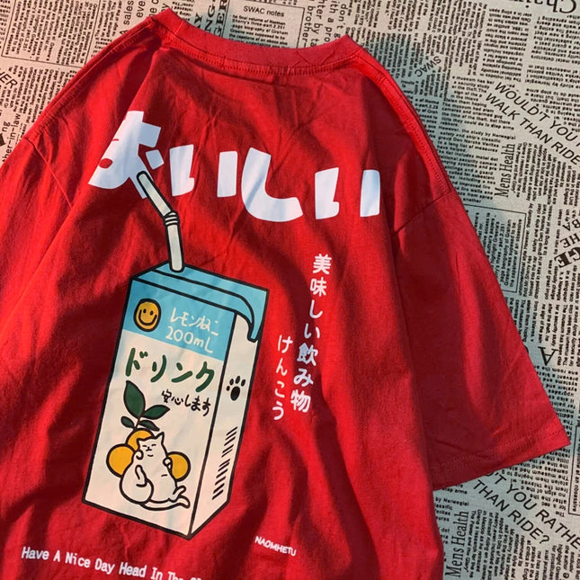 Cute Japanese Cat Print Oversized T-shirt Women Men Short Sleeve Loose Casual Tee Shirt Streetwear Tops Harajuku Clothing