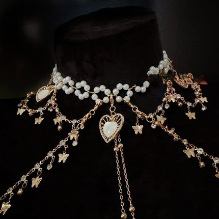 Pearl Heart-Shaped Nipple Clip Body Chain Collar Rhinestone Butterfly Pendant Chest Restraints Sexy Accessories for Women Sextoy
