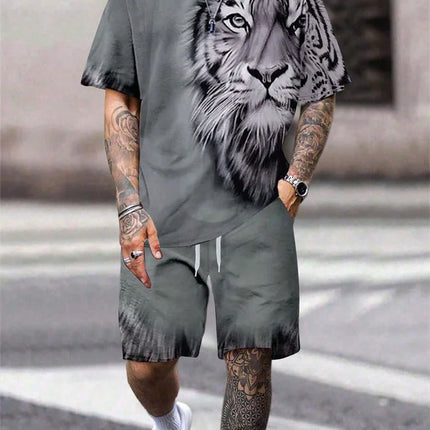 2024 New Crew Neck Short Sleeve T-shirt Fashion Shorts Set 3D Lion Print Short Sleeve Shorts 2-piece Men's Summer Sports Set