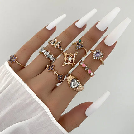 Colorful Enamel Butterfly Kunckle Rings Set For Women Geometric Heart Dollar Sign Finger Ring Girls Summer Fashion Jewelry