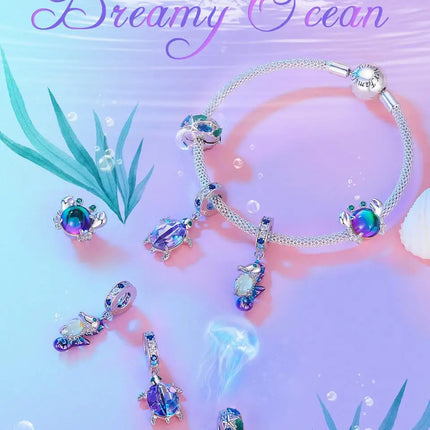 BAMOER 925 Sterling Silver Dreamy Ocean Series Dazzling Crab Beads Seahorse Pendant Charms for Women Bracelet and Necklace DIY