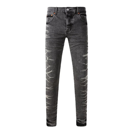 High Street American Distressed Men's Jeans Fashion Brand Coated Blank Stretch Skinny Button Fly Ripped Pants Trousers