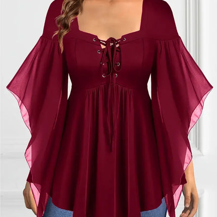 Plus Size Elegant Chiffon Blouse for Women Halloween Chic Lace-Up V-Neck Blouse Solid Color Flutter Sleeves Blouse Tops