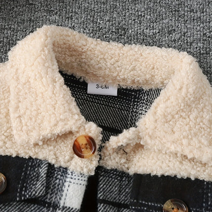 Baby boy fashionable and simple long sleeved plaid patchwork plush jacket for autumn and winter