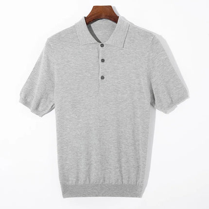 Men's short sleeved polo shirt, stylish top, knitted T-shirt, 2024 summer wool blend casual business pullover