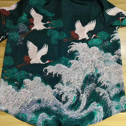 New dark green embossed dark pattern fabric with flying crane and wave printing for men's casual short sleeved shirt
