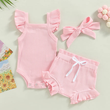 2021 Baby Summer Clothing Baby Girl Tops, Lace Up Pants Suit, Square Neck Short Ruffle Sleeve Romper, Loose Flouncing Shorts