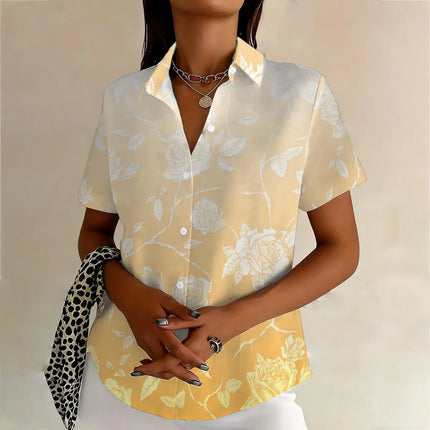 Women's summer plus-size short-sleeve shirt, elegant floral gradient design, suitable for workplace, casual and outdoor wear
