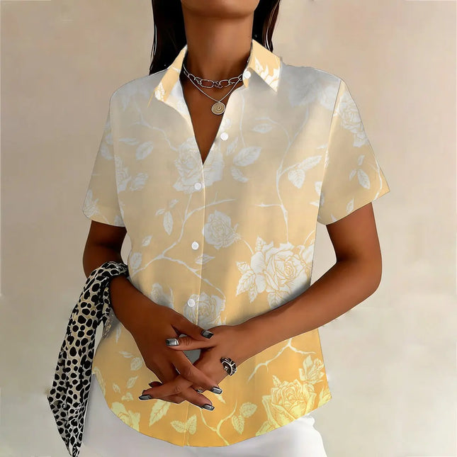 Women's Summer Plus Size Short Sleeve Top, Elegant Floral Gradient Design, Suitable for Work, Casual and Outdoor Wear