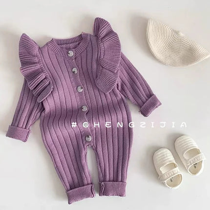 0-24M Newborn Baby Girl Autumn Winter Romper Long Sleeve O-Neck Knitting Jumpsuit Newborn Baby Knitted Purple Ruffled Clothing