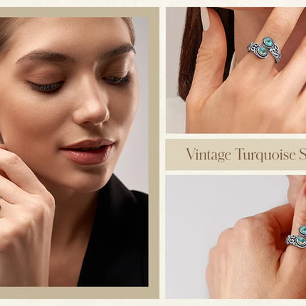 Vintage 925 Sterling Silver 6*8mm Turquoise Flowe Ring Rings Adjustable for Women jeweley Bohemia Fashion Party Silver Rings