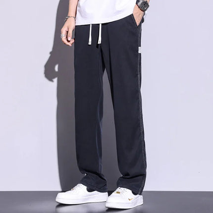Men's Summer New Ultra Thin Baggy Lyocell Soft Breathable Straight Trousers Elastic Waist Casual Trousers Plus Size M-5XL