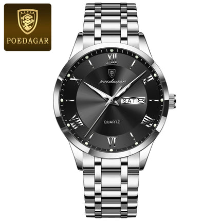 POEDAGAR Luxury Man Clock Waterproof Luminous Week Date Fashion Men's Wristwatch Stainless Steel Business Quartz Watches For Men