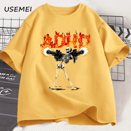 ADHD Skeleton Meme T Shirts for Men Casual Cotton Short Sleeve Tees Streetwear Loose Fashion Skull Graphis T Shirts Streetwear