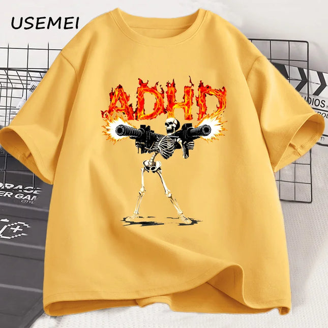 ADHD Skeleton Meme T Shirts for Men Casual Cotton Short Sleeve Tees Streetwear Loose Fashion Skull Graphis T Shirts Streetwear